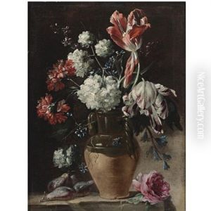 Still Life With Tulips, Carnations And Other Flowers In A Ceramic Vase, A Bunch Of Figs, And A Rose, All Resting On A Stone Ledge