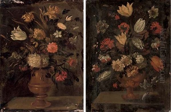 Daffodils, Roses, Tulips And Other Flowers In An Urn On A Ledge (+ Tulips, Carnations And Other Flowers In An Urn On A Ledge; Pair) - view 1