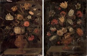Daffodils, Roses, Tulips And Other Flowers In An Urn On A Ledge (+ Tulips, Carnations And Other Flowers In An Urn On A Ledge; Pair) by Andrea Belvedere
