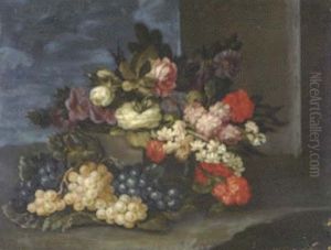 Roses And Other Flowers On A Step With Grapes On The Ground Nearby Roses And Other Flowers On A Step With Grapes On The Ground Nearby