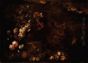 Still Life Of Flowers In A Sculpted Vase, Together With A Large Gilt Ewer, Carved Stone Reliefs And Fruit, Set Within A Landscape