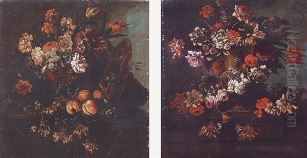 Vase De Fleurs: Chevrefeuilles, Tulipes, Oeillets, Oeillets D'inde...poses Sur Un Entablement Et Voisinant Avec Des Peches Et Raisins Blancs - view 1