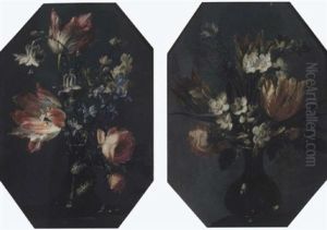 Tulips, Roses, Narcissi And Other Flowers In A Glass Vase On A Ledge; Tulips, Narcissi, Cornflowers, Roses, And Other Flowers In A Glass Vase On A Ledge by Andrea Belvedere
