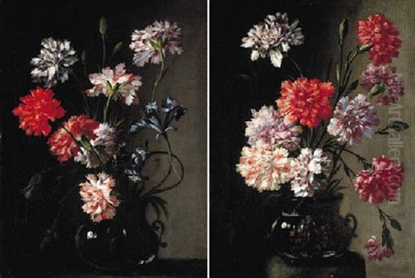 Carnations And Irirses In A Glass Vase On A Stone Plinth - view 1