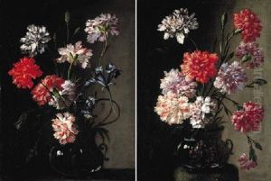 Carnations And Irirses In A Glass Vase On A Stone Plinth by Andrea Belvedere