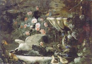 An Ornamental Garden With Muscovy Ducks And Other Wildfowl Bathing In A Stone Fountain Amid Roses And Other Flowers