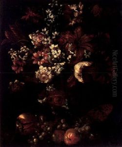 Still Life Of Various Flowers In An Ormolu Vase, With A Watermelon, Pomegranate, Grapes And Peaches by Andrea Belvedere