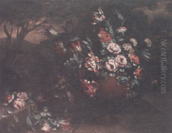A Still Life With Roses, Tulips And Carnations In An Urn On A Ledge With A Landscape Beyond - view 1