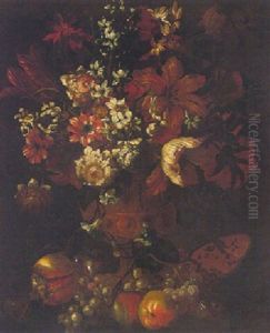 Still Life Of Various Flowers In An Ormulu Vase, With Watermelon, Pomegranate, Grapes And Peaches