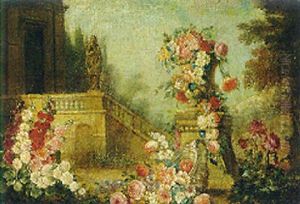 Flowers In An Urn And An Upturned Vase In A Classical Garden