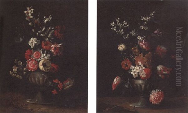 Carnation, Tulips, Peonies And Other Flowers In An Urn - view 1