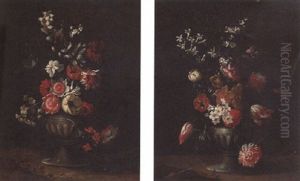 Carnation, Tulips, Peonies And Other Flowers In An Urn