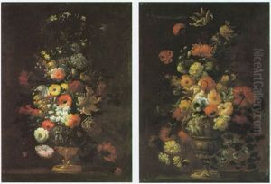 Still Life Of Flowers In Urns Decorated With Roman Soldiers