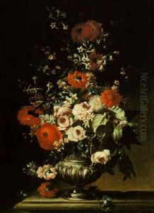 Still Life Of Tulips, Chrysanthemums And Other Flowers In An Urn On A Stone Ledge by Andrea Belvedere
