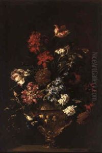 Blumenstraus Mit Nelken Und Tulpen In Einem Prunkgefas by Andrea Belvedere