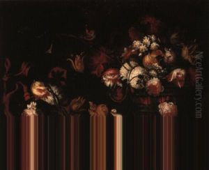 Roses And Other Flowers In A Basket On A Ledge With A Swag Of Flowers by Andrea Belvedere