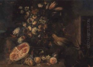 Aves Y Flores En Un Paisaje Con Fuente Aves Y Flores En Un Paisaje Con Fuente