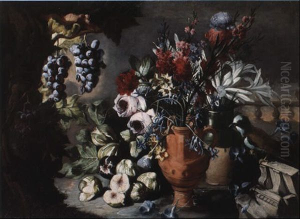 Nature Morte Au Vase De Fleurs, Oiseau Et Fruits - view 1
