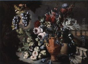 Nature Morte Au Vase De Fleurs, Oiseau Et Fruits Nature Morte Au Vase De Fleurs, Oiseau Et Fruits
