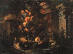 Flores Y Ave En Un Paisaje Con Fuente by Andrea Belvedere