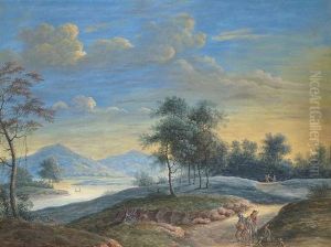 Weite Flusslandschaft Im Abendlicht Mit Staffagefiguren Auf Einem Sandigen Fahrweg by Georg Christoph Gottlieb von Bemmel the Elder