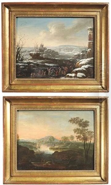 Winterlandschaft Mit Schlittschuhlaufern (+ Sommerlandschaft Mit Figurenstaffage; Pair) - view 1