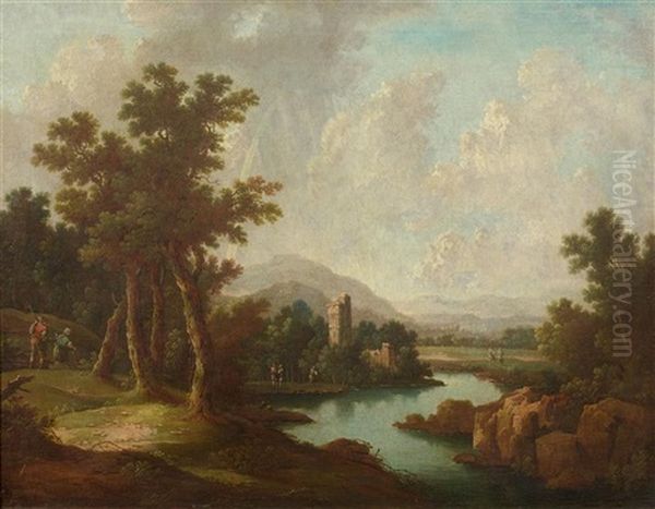 Flusslandschaft Mit Ruine Und Wanderer - view 1