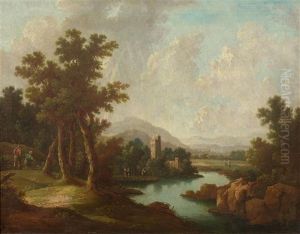 Flusslandschaft Mit Ruine Und Wanderer