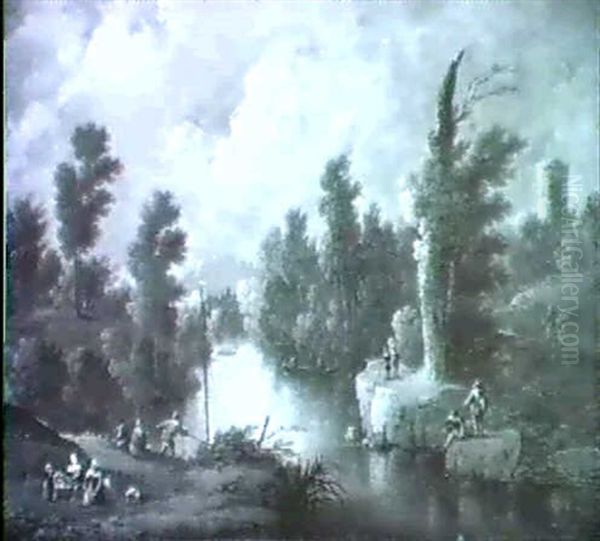 Flusslandschaft Mit Wascherin-nen Und Anglern - view 1
