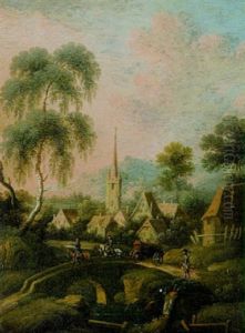 Reiter Und Pferdefuhrwerk Auf Einer Brucke Uber Ein Flusschen Vor Einer Ortschaft In Vorgebirgslandschaft