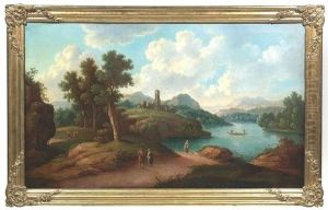 Weitlaufige, Berggesaumte Flusslandschaft Mit Einer Kirche Und Wanderern