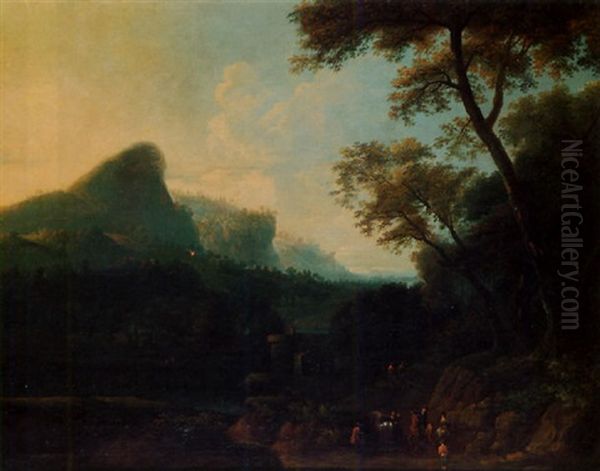 A Wooden Landscape With Riders In The Foreground, A Ferry On A River And Mountains Beyond - view 1