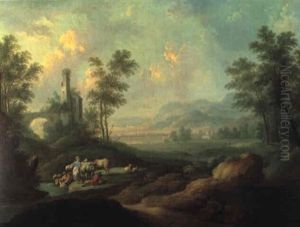 Landschaft Mit Einer Ruine Und W,scherinnen An Einem Bach by Christoph Von Bemmel