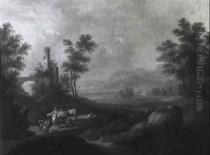 Rhenish Landscape With Washerwomen Conversing With A Herdsman by Christoph Von Bemmel