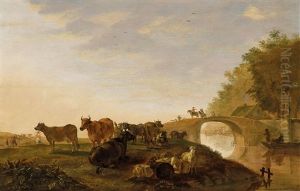 Lagerndes Vieh An Einer Alten Brucke