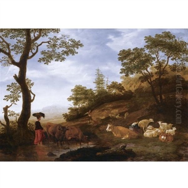 A Landscape With Sheep, Cattle And Herdsmen, With A Town Beyond - view 1