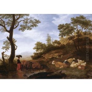 A Landscape With Sheep, Cattle And Herdsmen, With A Town Beyond by Jacob Gerritsz van Bemmel