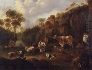 Landscape With Ruins, Peasants Milking The Goats And Livestock by Jacob Gerritsz van Bemmel
