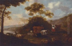 Milkmaids With Cattle In A Landscape by Jacob Gerritsz van Bemmel