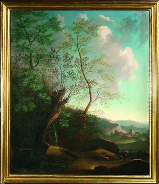 Landschaft Mit Wanderer Im Morgenlicht (+ Gebirgige Landschaft Mit Vieh An Einer Quelle Im Abendlicht; Pair) - view 1