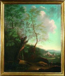 Landschaft Mit Wanderer Im Morgenlicht (+ Gebirgige Landschaft Mit Vieh An Einer Quelle Im Abendlicht; Pair) by Johann Christoph Von Bemmel