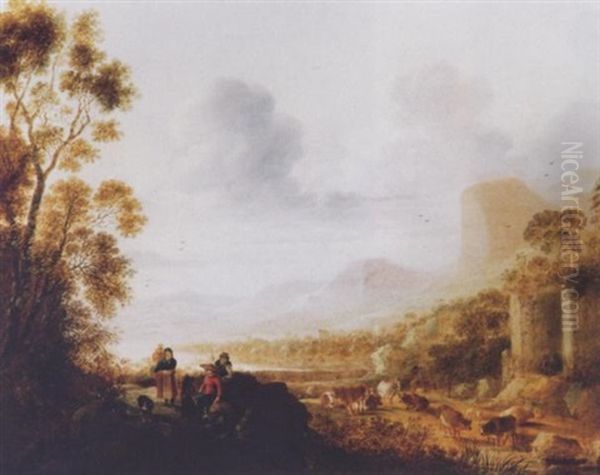 Paysage Montagneux Anime De Villageois Et De Berger Avec Troupeau - view 1