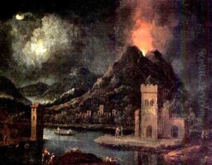 A Nocturnal River Landscape With Figures In A Town, A Volcano Erupting Beyond