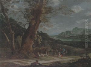 A Rhenish Landscape With Drovers Resting With Their Animals by Johann Christoph Von Bemmel