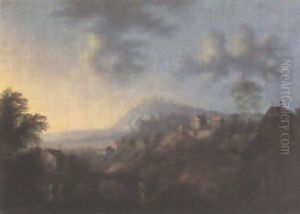 Ideale Hugellandschaft Bei Sonnenuntergang by Johann Christoph Von Bemmel