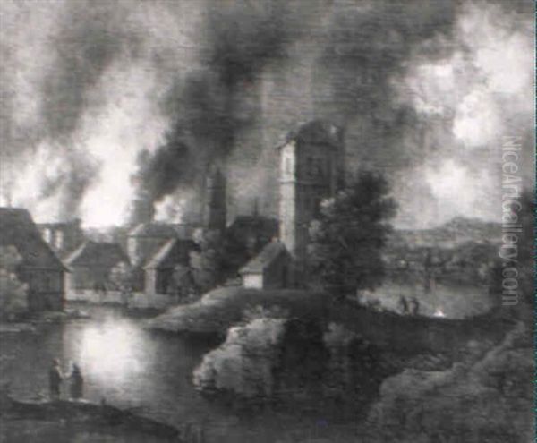 Nachtliche Feuersbrunst In Einem Stadtchen Auf Einer Landzunge Im See - view 1