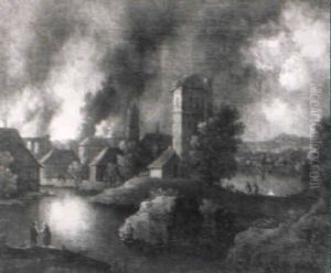 Nachtliche Feuersbrunst In Einem Stadtchen Auf Einer Landzunge Im See by Johann Christoph Von Bemmel