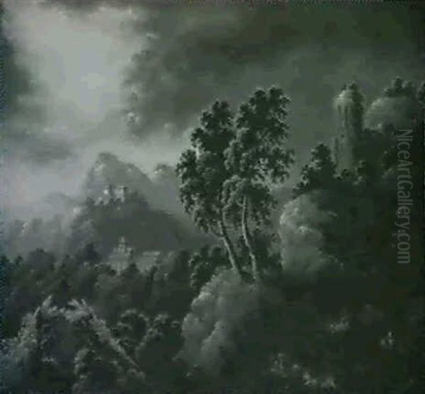Gewitter Uber Einer Gebirgslandschaft Mit Burgruine, Kloster Und Schloss - view 1
