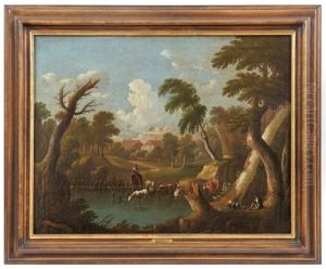 Landschaft Mit Hirten Und Seinem Vieh An Der Tranke by Johann Georg Von Bemmel