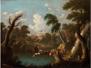 Bergige Landschaft Mit Trinkendem Vieh